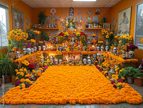 Colorful Day of the Dead altar decorated with marigolds, candles, skulls, and offerings, celebrating Mexican tradition and honoring ancestors.
 photo