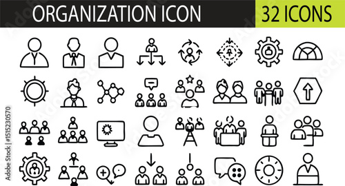 Thirty two black and white organization and business icon set for presentations and websites