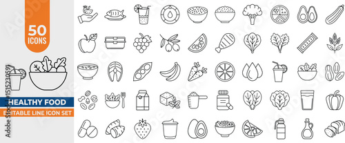 Healthy Food Line Icons Set – Editable Vector Nutrition Symbols of Fruits, Vegetables, Fish, Protein, Vitamins and Water