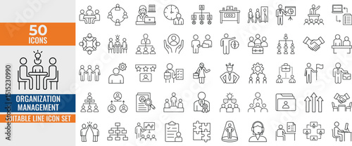 Organization Management Icons Pack– Business, Teamwork and Workflow Vector Set. editable stroke