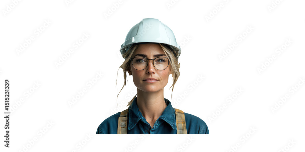 Female Engineer In Hard Hat And Glasses. Professional Construction Worker Portrait Isolated On Transparent Background Female Engineer In Hard Hat And Glasses. Professional Construction Worker Portrait Isolated On Transparent Background