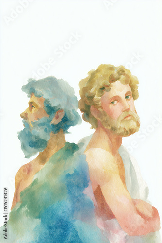 Watercolor illustration of two ancient Greek philosophers facing each other against a white background. The hand-painted scene conveys deep conversation and wisdom, ideal for educational materials 