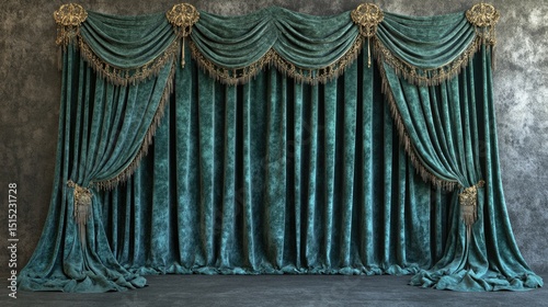 Teal velvet curtains with ornate gold trim.
