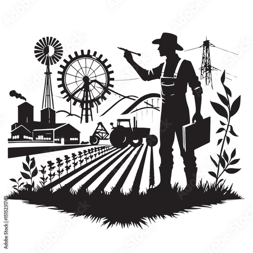 Black Color Agriculture Engineering Silhouette Vector Illustration, Solid White Background