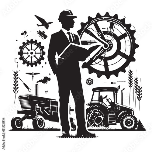 Black Color Agriculture Engineering Silhouette Vector Illustration, Solid White Background