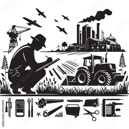 Black Color Agriculture Engineering Silhouette Vector Illustration, Solid White Background