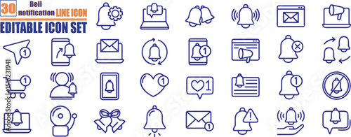 Bell notification line icon set. related to bell, notification, alarm, message, alert, reminder, message notification and others. Editable stroke. 