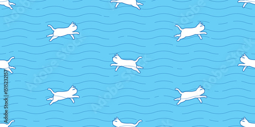 cat seamless pattern swimming calico kitten cartoon doodle pet animal illustration gift wrapping paper tile background repeat wallpaper scarf isolated