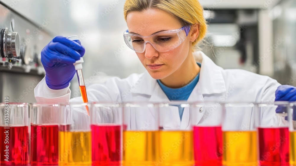 Concentrated female scientist in lab coat working with colorful liquids in test tubes. Concentrated female scientist in lab coat working with colorful liquids in test tubes.
