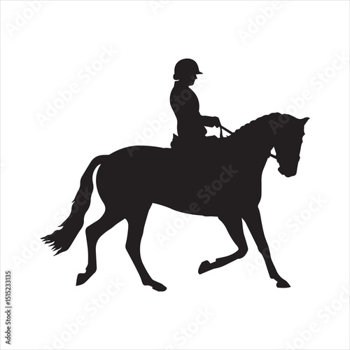 Dressage Horse with Female Rider – Elegant Black Silhouette in Side View for Equestrian Design 