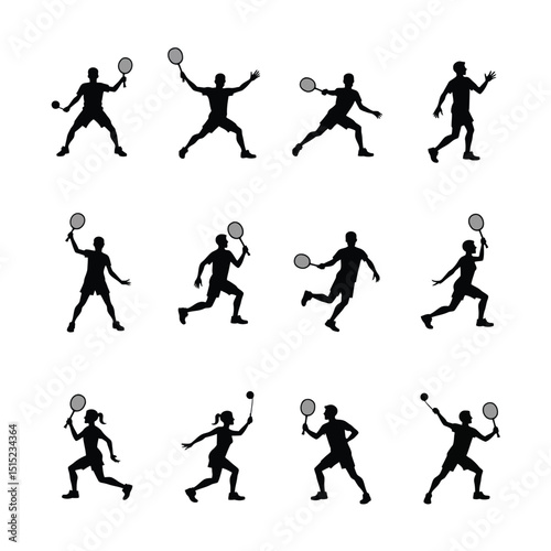 Badminton silhouette male female player set action poses