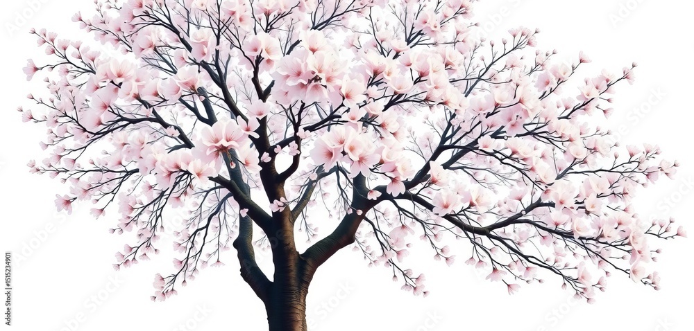 Fototapeta premium Side view vector watercolor blooming tree, isolated white background Ideal for landscape, architectural, botanical, and garden designs Winter section illustration, sketch, plant