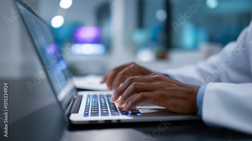 Scientist typing on laptop during research in high-tech laboratory.
 photo