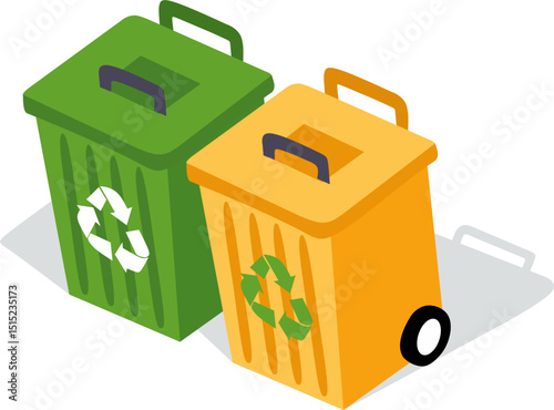 Isometric vector illustration of two recycling bins, one green and one yellow, with the universal recycling symbol prominently displayed. 