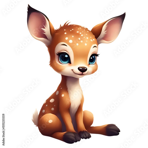 Fawn (Baby Deer), Brown Fur with White Spots, Blue Eyes Staring Forward, Black Nose, Sitting, Captured from Right Side	