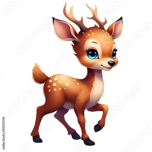 Fawn (Baby Deer), Brown Fur with White Spots, Blue Eyes Staring Forward, Red Nose, Cute Horns, Walking, Captured from Right Side	