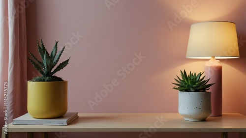 Pink   Yellow Minimalist Interior with Succulent   Simple Lamp V1