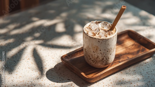 Iced chai latte in ceramic cup with a bamboo straw, terrazzo serving tray, cozy shadows
