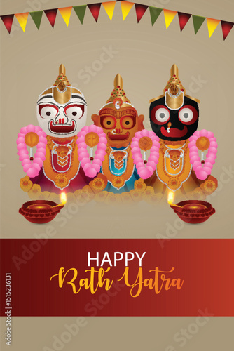 Beautiful chariot for happy rath yatra with lord jagannath balabhadra and subhadra vector illustration