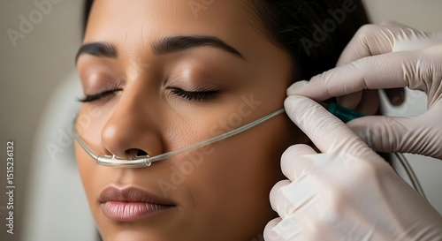 Nasal cannula oxygen therapy: serene woman receiving medical assistance in hospital