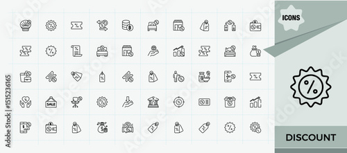 Discount icon set. UI icons set in a thin style. Contains outline symbols like off, payment, shopping, discount coupon, coupon. Editable vector art.