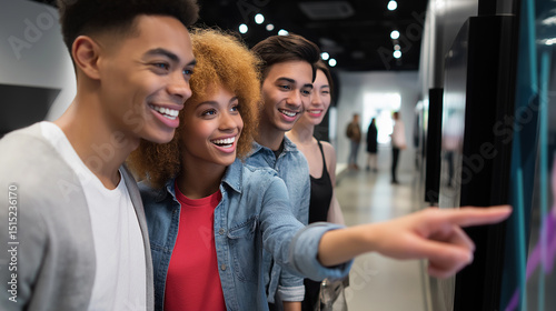 Group of excited young adults pointing and interacting with a futuristic digital display at a modern exhibit.
 photo