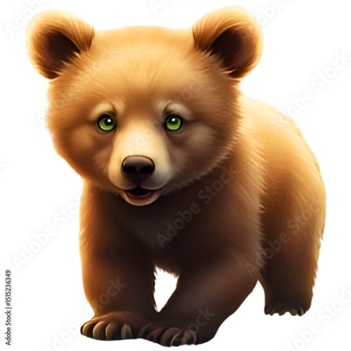 Baby Bear (Cub), Brown Fur, Green Eyes Staring Upward, Walking, Captured from Left Side	