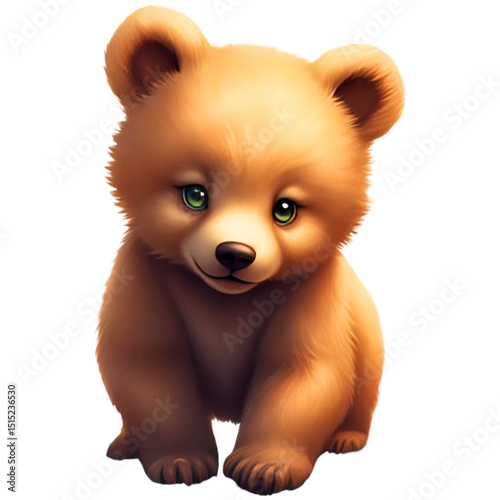 Baby Bear (Cub), Brown Fur, Green Eyes Staring Forward, Walking, Captured from Front Side	
