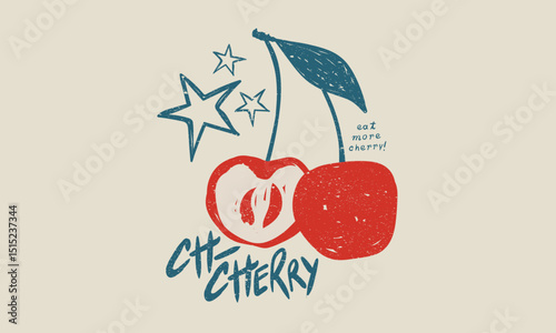 Eat more cherry. Sweet cherry artwork. Cherry fruit print. Nature fruit club print design. Organic food artwork for for t-shirt. Fruit vintage t-shirt design.