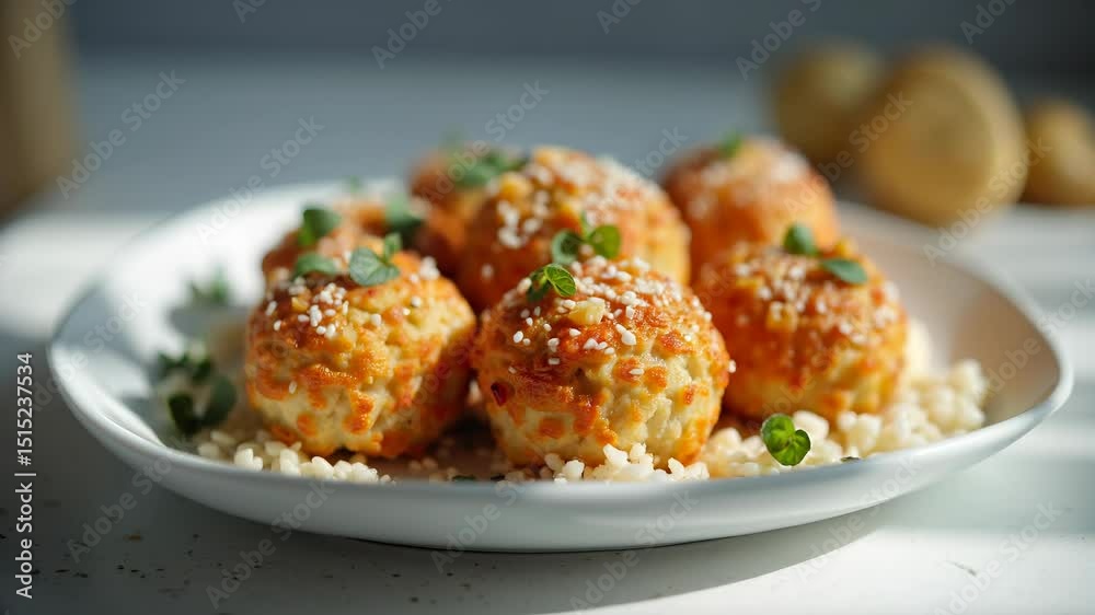 Delicious coated snack balls served on a plate with garnishes against a bright, natural backdrop