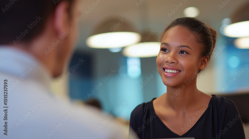 Fototapeta premium Smiling young woman speaking with a man at a reception desk in a bright modern interior, possibly a hotel or office. 
