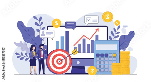 Flat vector illustration depicting business success and target achievement. Two professionals stand by a monitor displaying growth charts and a bullseye. Ideal for finance and strategy