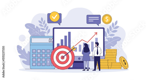 Flat vector illustration depicting business success and target achievement. Two professionals stand by a monitor displaying growth charts and a bullseye. Ideal for finance and strategy