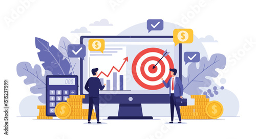 Flat vector illustration depicting business success and target achievement. Two professionals stand by a monitor displaying growth charts and a bullseye. Ideal for finance and strategy