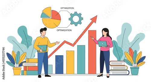 Flat vector illustration of a business presentation with a team discussing growth charts and data. Highlights teamwork and business strategy