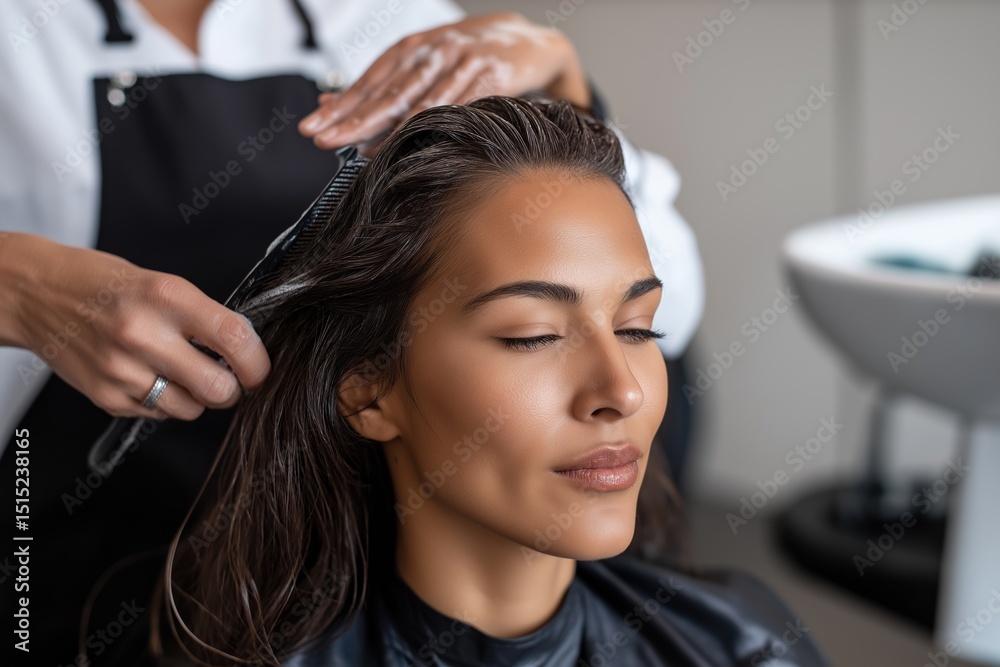 Fototapeta premium A woman is getting her hair done by a stylist. The stylist is combing her hair and applying a product to it. The woman is sitting in a chair and she is relaxed