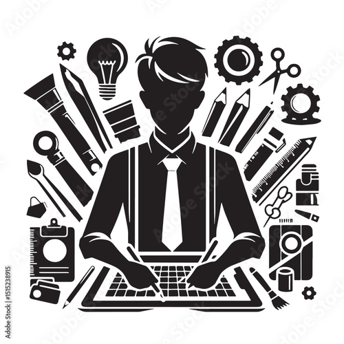 Black Color Arts & Design Silhouette Vector Illustration, Solid White Background