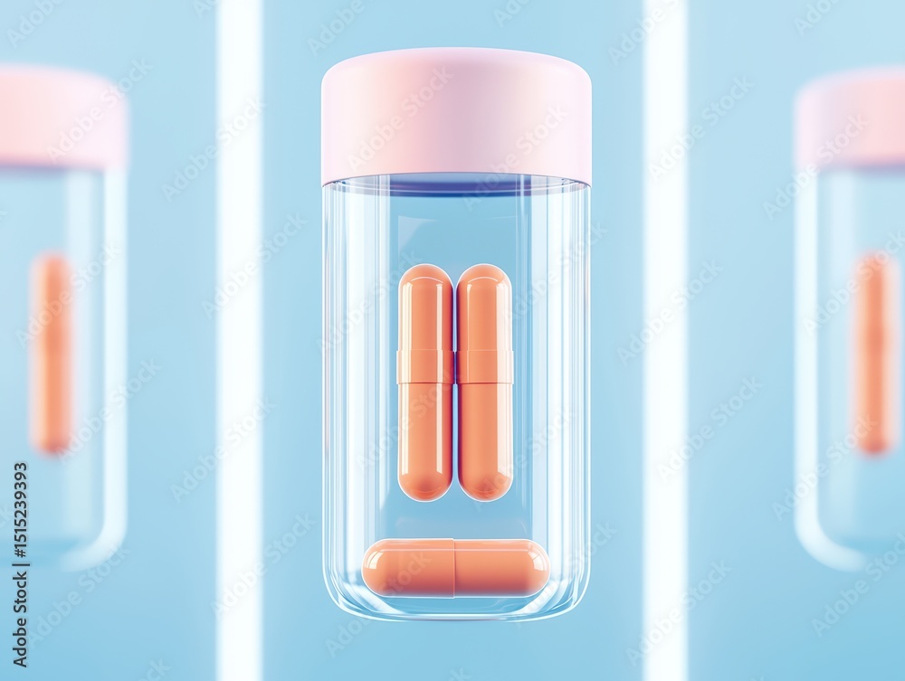 Obraz premium Transparent capsule container with orange pills surrounded by soft pastel colors and clean minimalistic design