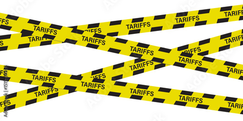 tariffs and government import taxation, trade war policy, domestic market protectionism. Business and political concept. Black and yellow warning tapes on white background.