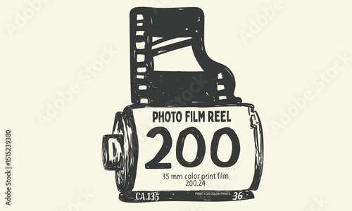 Vintage camera film print design for t shirt print, poster, sticker, background and other uses. Photo film reel. Camera film roll and the film strip.