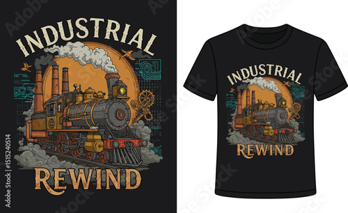 Vintage steam train typography design with retro industrial revolution and steampunk vibes. Bold mechanical illustration perfect for T-shirts, mugs, posters, stickers, and print-on-demand art.