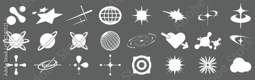 Retro futuristic elements for design. Collection of abstract graphic geometric symbols and objects in y2k style 