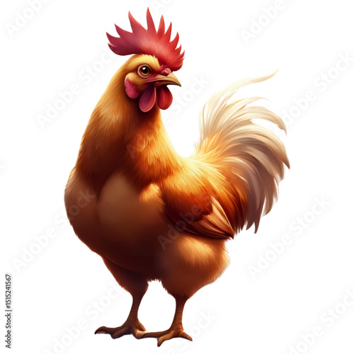 Rooster, Brown Black White Feathers, Head Turned to the Left, Standing, Captured from Front Side	
