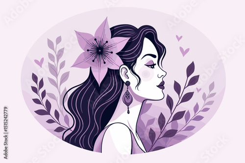 Beautiful woman profile with elegant hairstyle and flower in hair on pastel pink background