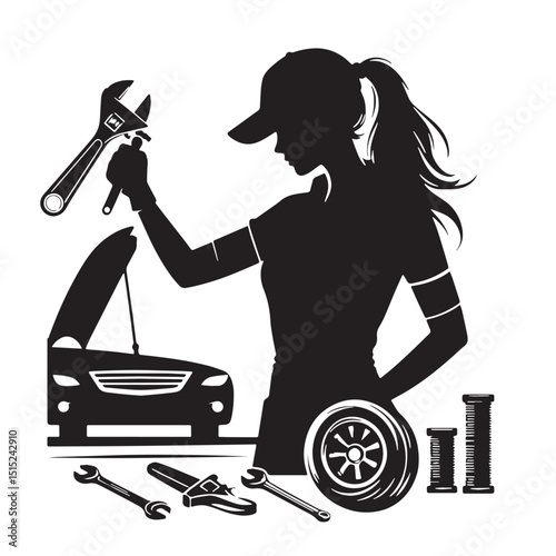 Black Color Auto Mechanics Silhouette Vector Illustration, Solid White Background