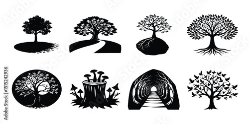 tree set silhouette, Set of vector tree silhouettes, illustrations of nature's diverse plant and forest designs, including oak, pine, and palm leaf outlines