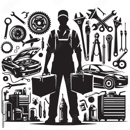 Black Color Auto Mechanics Silhouette Vector Illustration, Solid White Background
