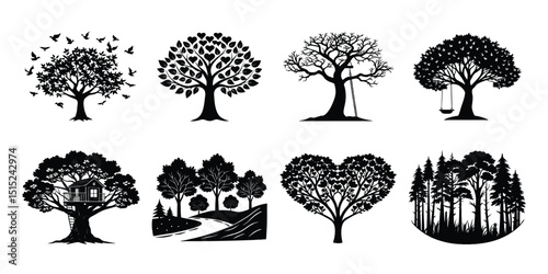 tree set silhouette, Set of vector tree silhouettes, illustrations of nature's diverse plant and forest designs, including oak, pine, and palm leaf outlines