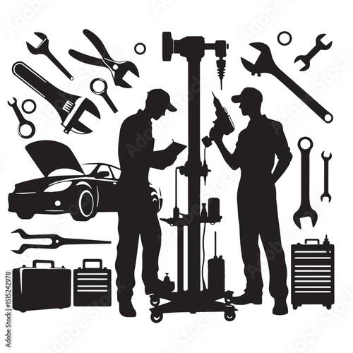 Black Color Auto Mechanics Silhouette Vector Illustration, Solid White Background