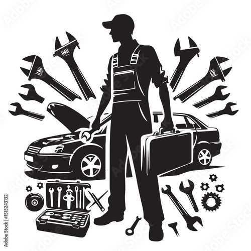 Black Color Auto Mechanics Silhouette Vector Illustration, Solid White Background